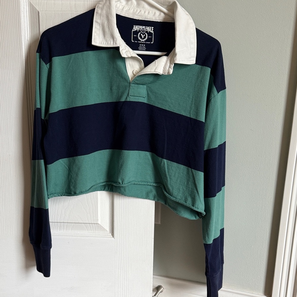 American Eagle Outfitters Green and Navy Striped Crop Top